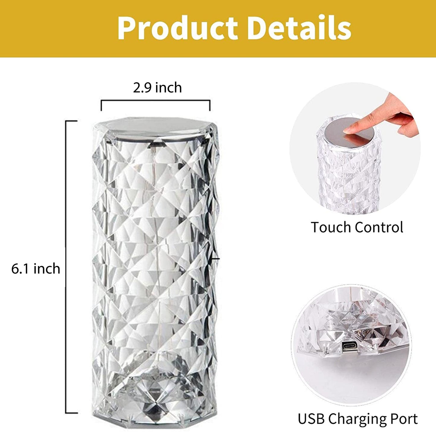 Crystal Diamond Table Lamp with Remote – 16 Color Changing Touch Lamp, USB Rechargeable