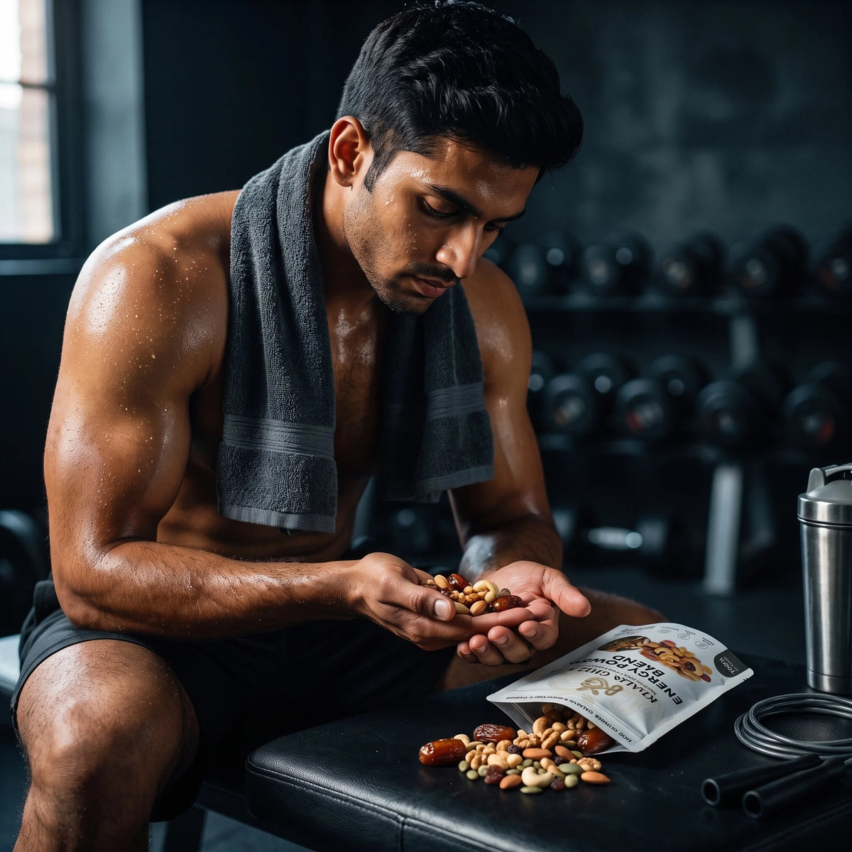 Athlete eating Khalis Ghiza protein nut mix after workout