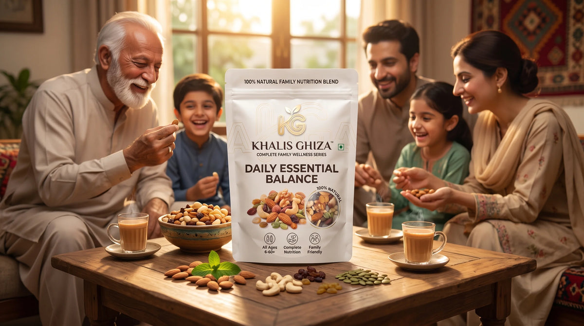 Family sharing Khalis Ghiza mixed nuts at tea time