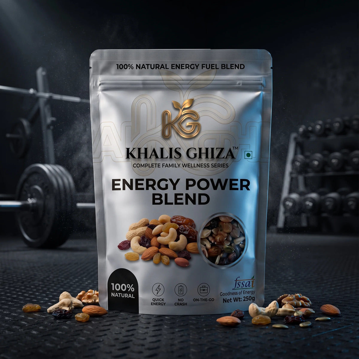 Energy Power Blend pouch with gym equipment and dumbbells