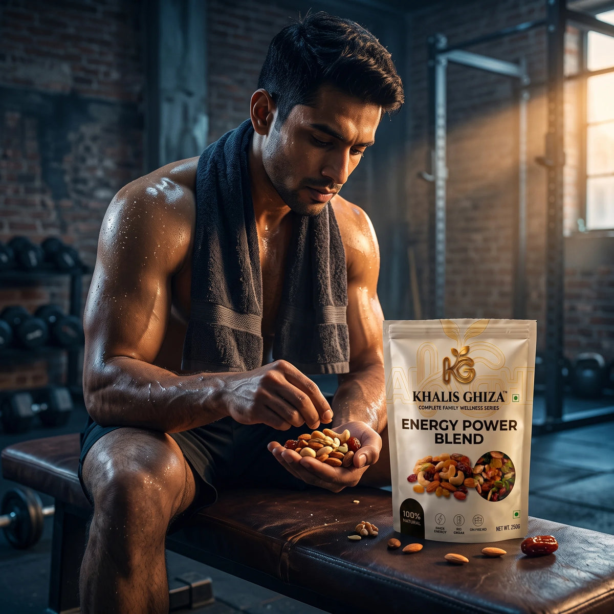 Man eating snacks in gym