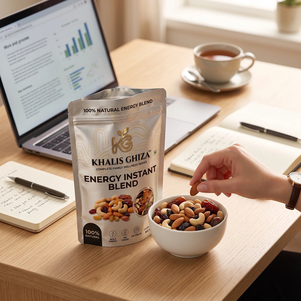 Energy Instant Blend on an office desk with laptop