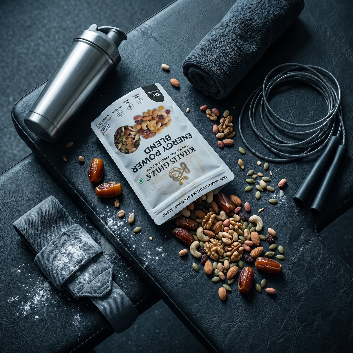 Almonds, peanuts, walnuts, pumpkin seeds, cashews and dates protein mix