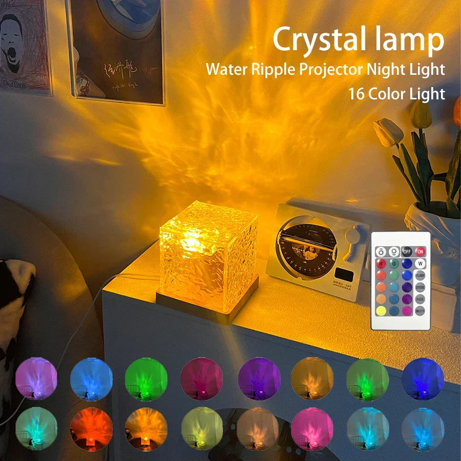 Rotating Water Ripple Projector Night Light - 16 Colors & Flame Crystal Design