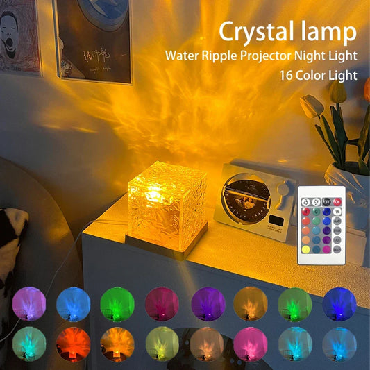 Rotating Water Ripple Projector Night Light - 16 Colors & Flame Crystal Design