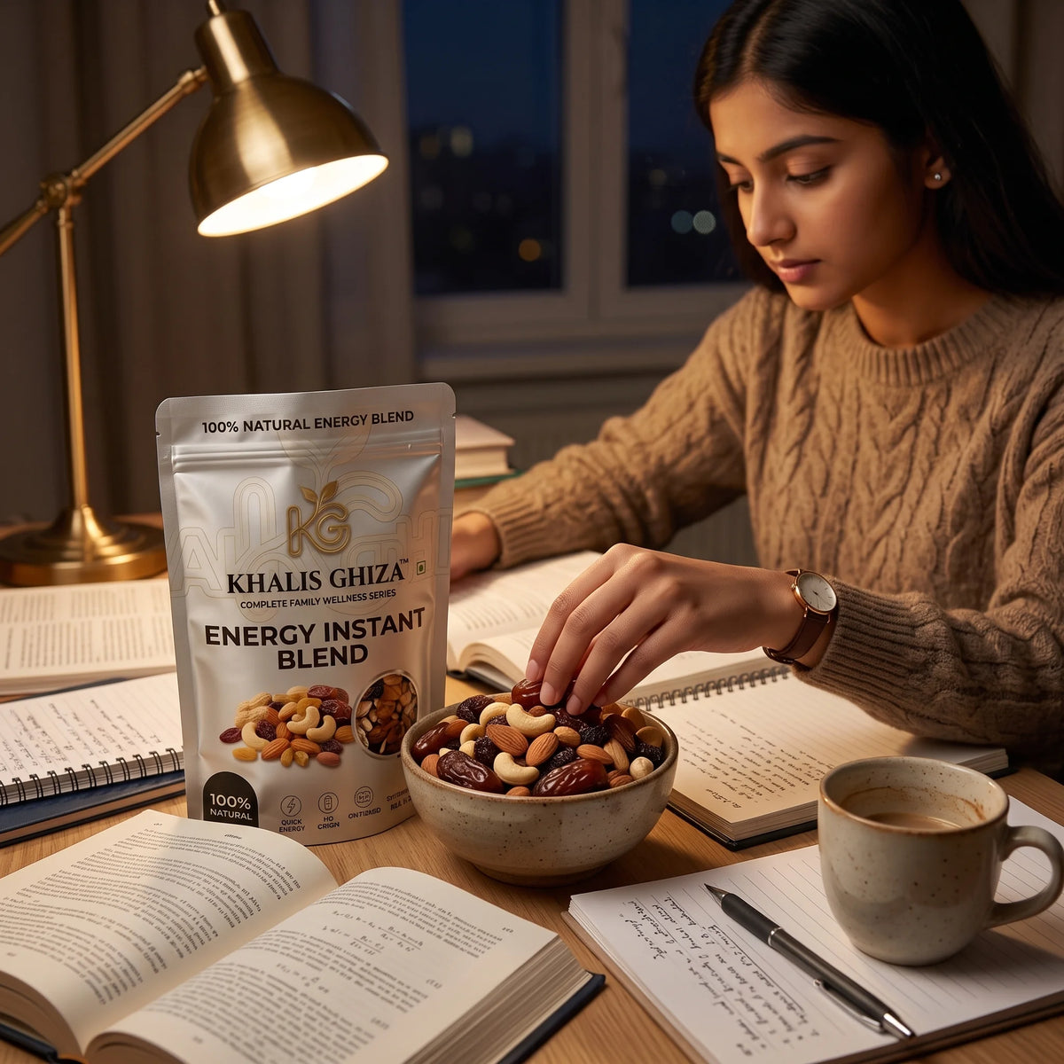 Student studying with Khalis Ghiza energy nut mix